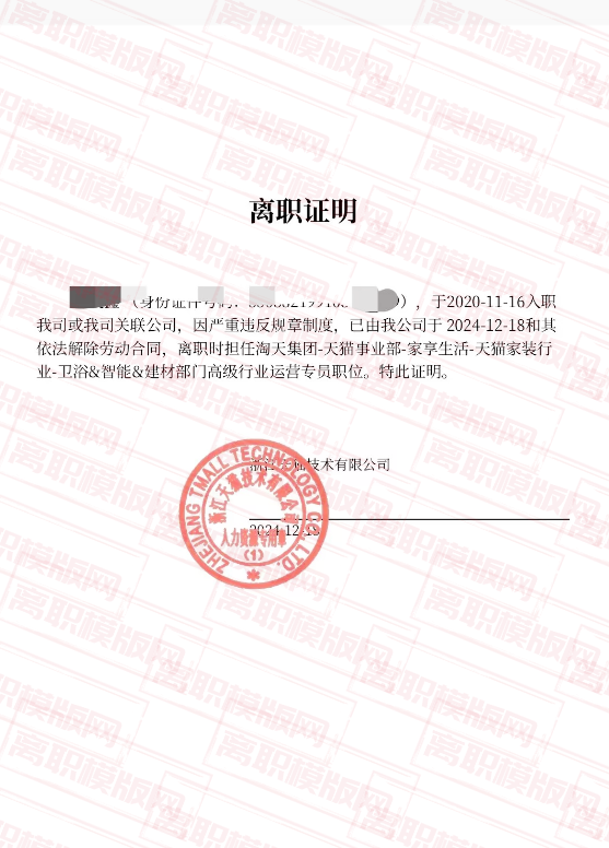 天猫离职证明成功案例(图1)